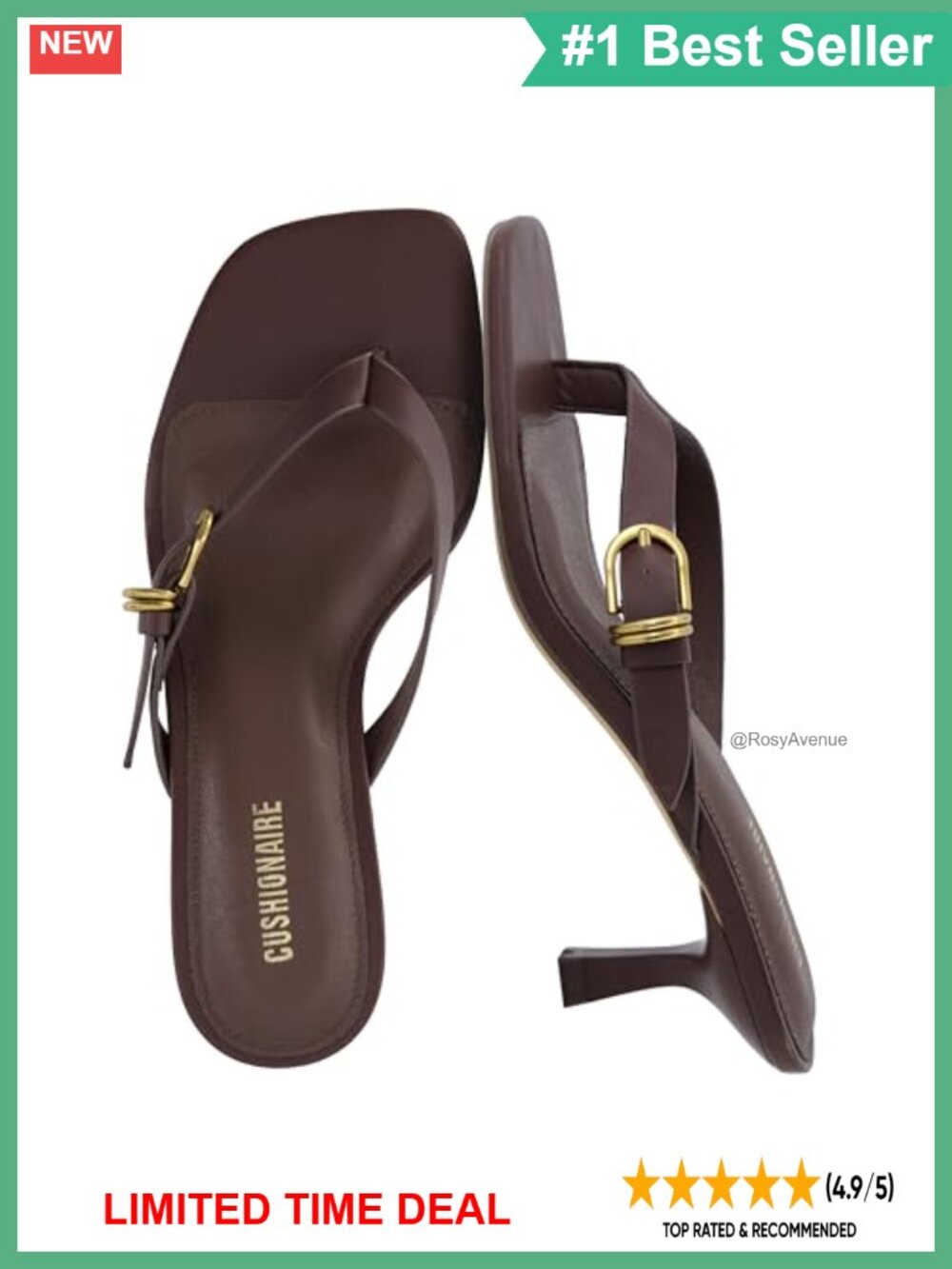 Low Kitten Heel Thong Sandals with Adjustable Buckle & Square Toe
